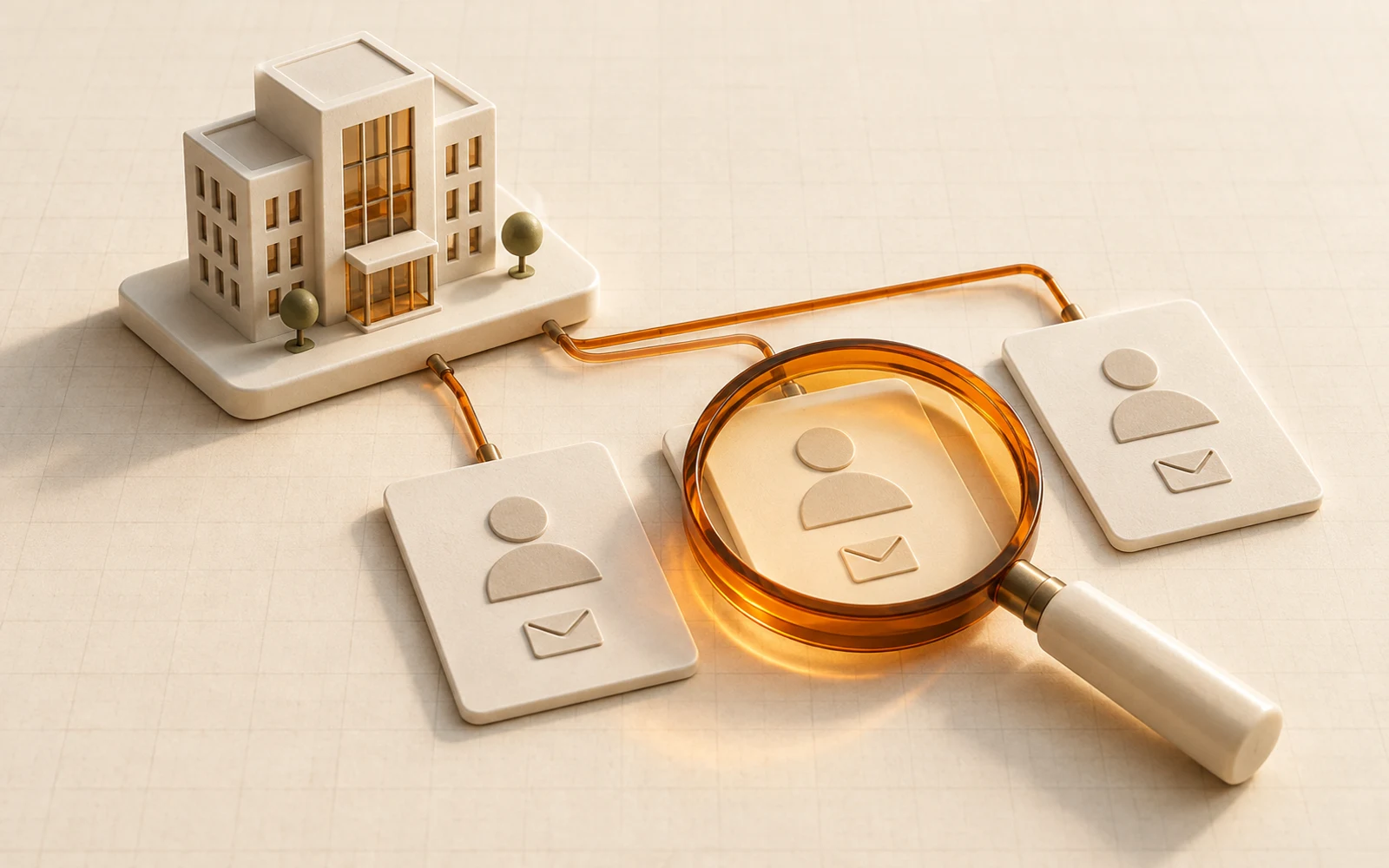 An amber glass magnifying glass highlights a professional contact card connected to a company building.