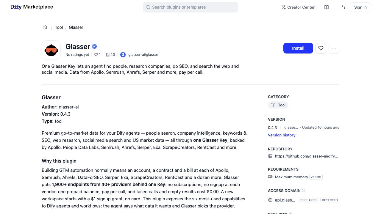 The official Glasser plugin listing in Dify Marketplace, showing the plugin name, author, description, and Install button.