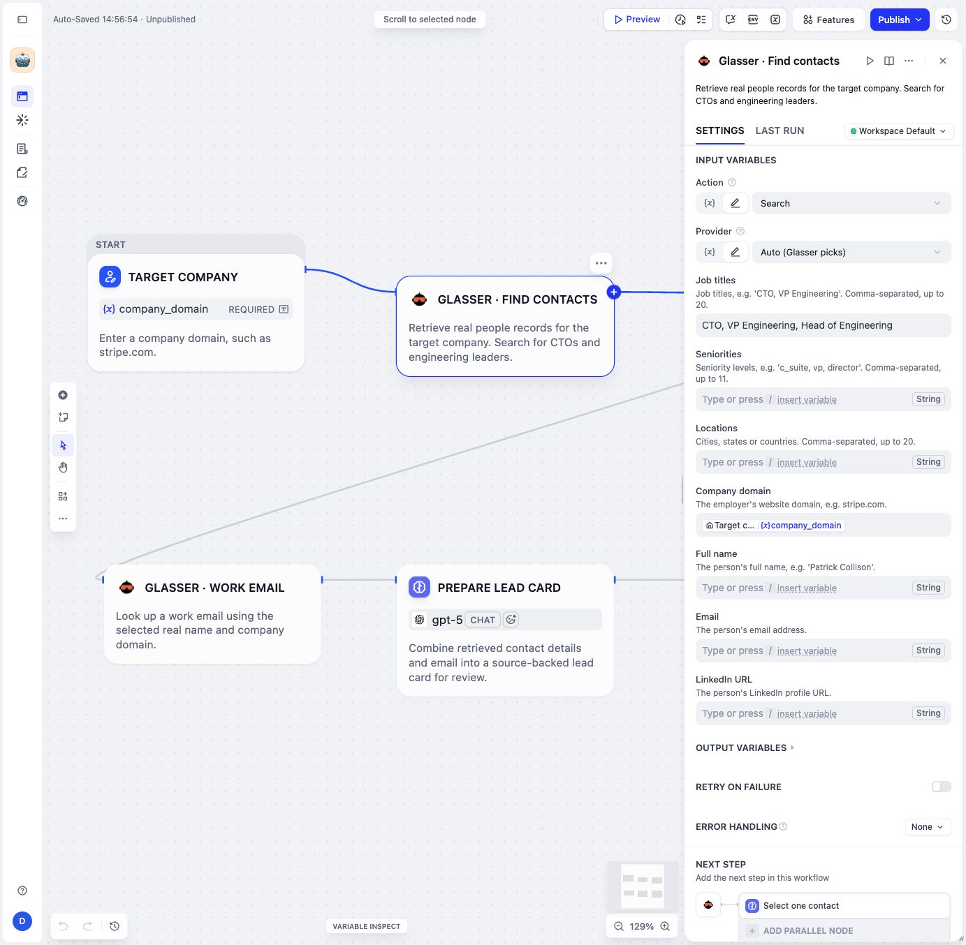 The Glasser Find contacts settings show Search, automatic provider selection, target engineering titles, and the company_domain input binding.