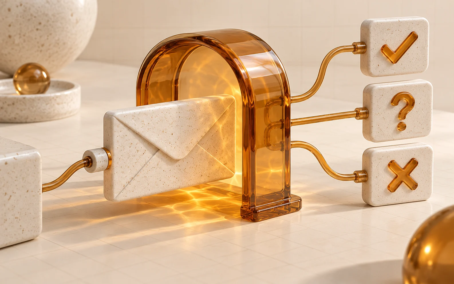 An ivory envelope passes through an amber arch toward check, question and cross tiles.