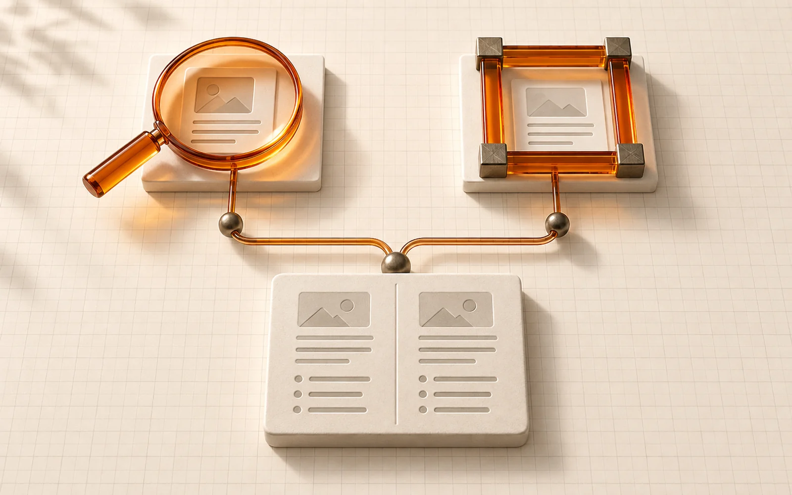 Two balanced search and extraction paths meet at a shared comparison board.