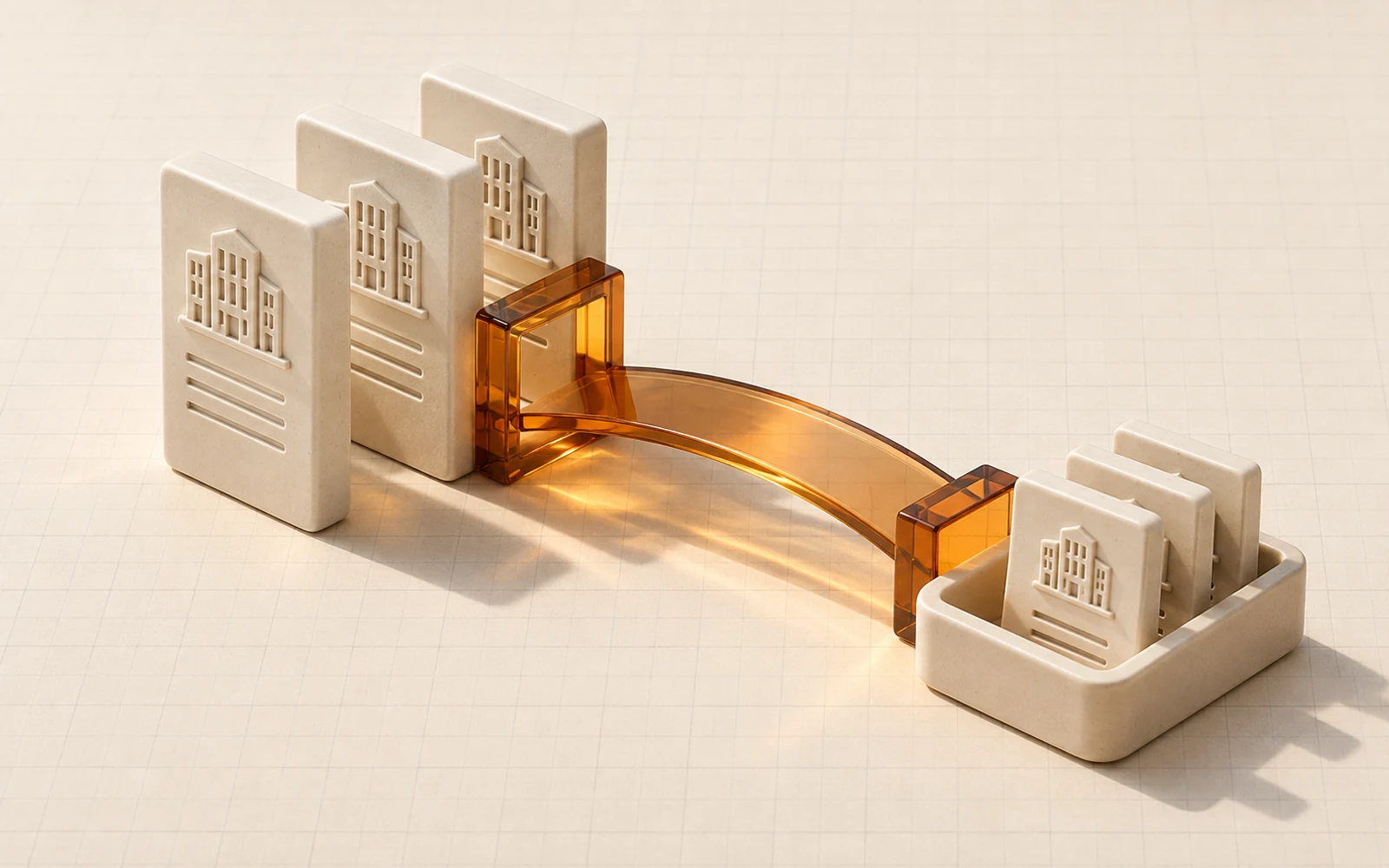 An amber glass bridge connects company-record slabs to a tray of smaller company data cards.