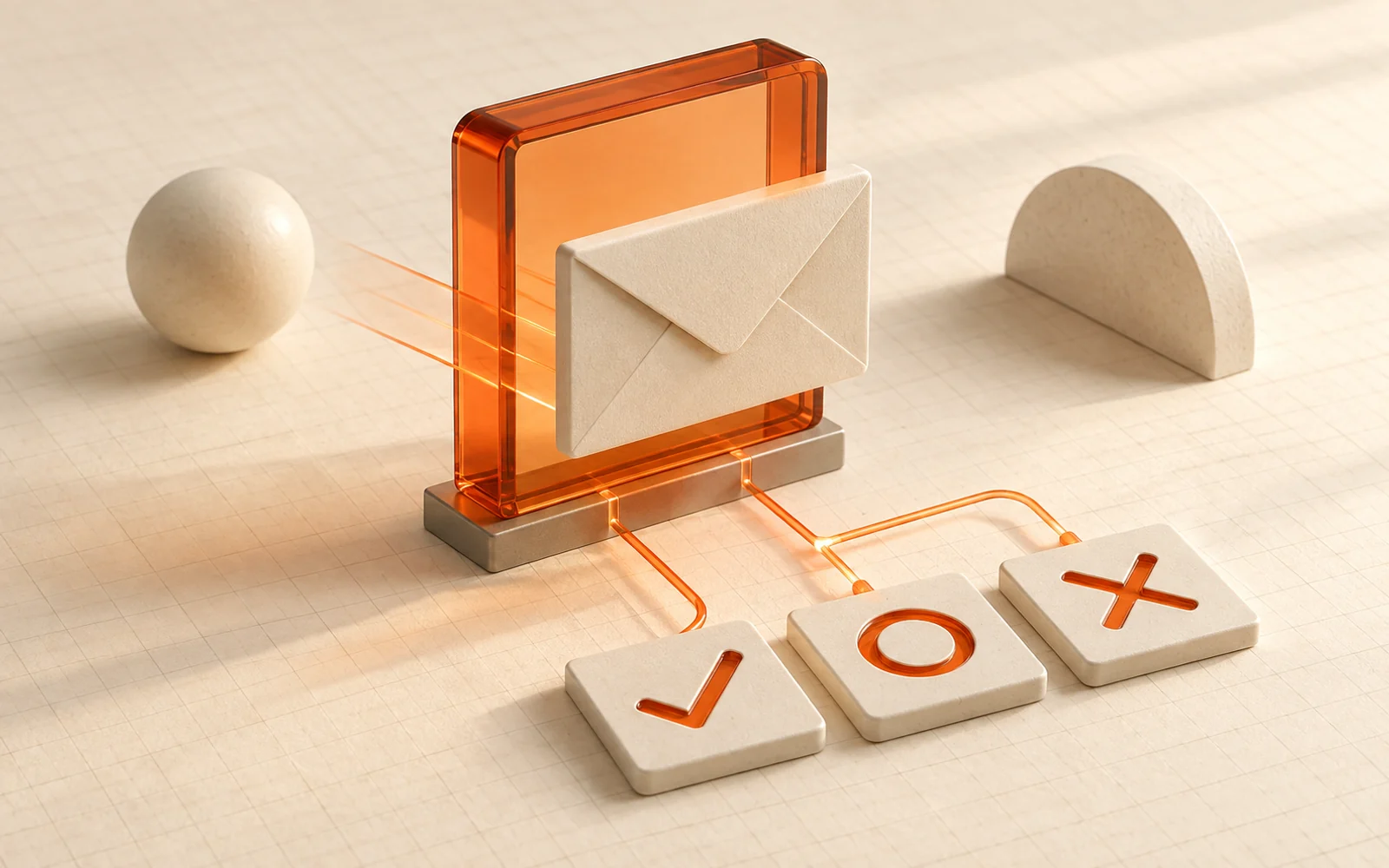 An envelope passes through an amber inspection frame to three verification result tiles.