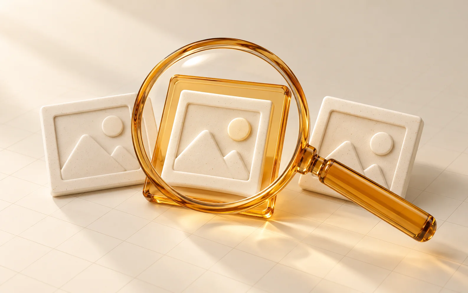 An amber magnifying glass selects a ceramic landscape card from a small image collection.