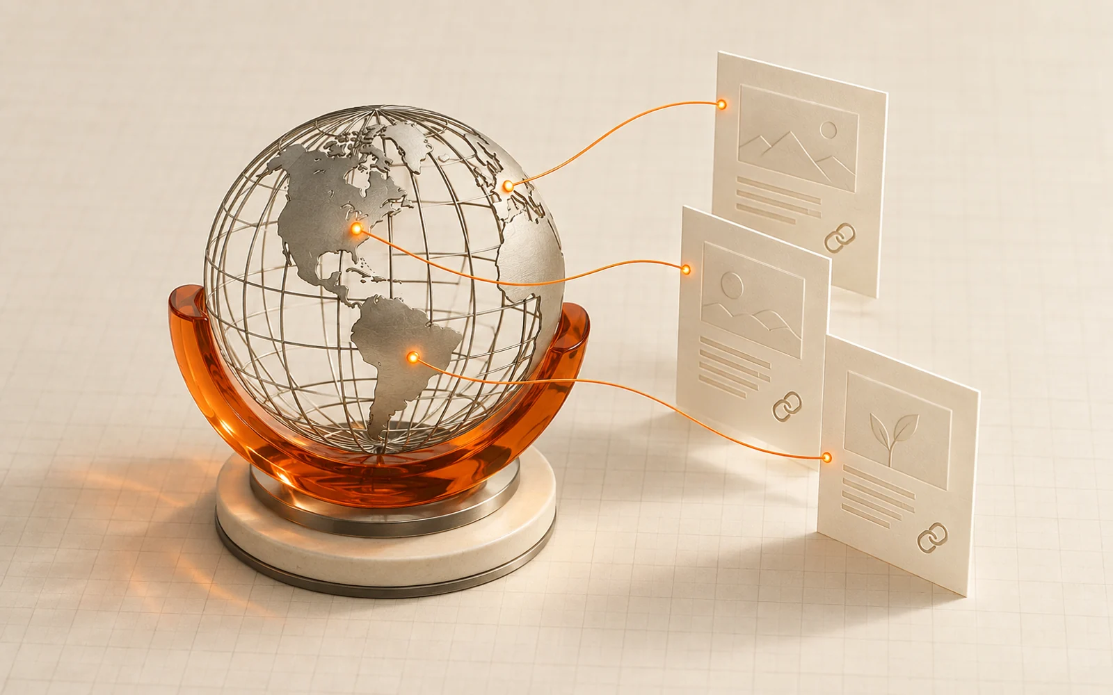 An orange glass globe cradle connects web search to three source-page tiles.