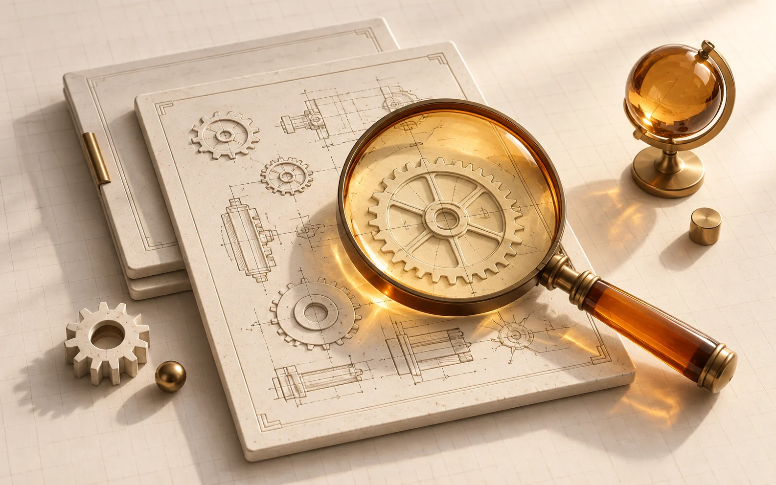 An amber magnifying glass rests over ceramic invention drawings and gears beside a small globe.
