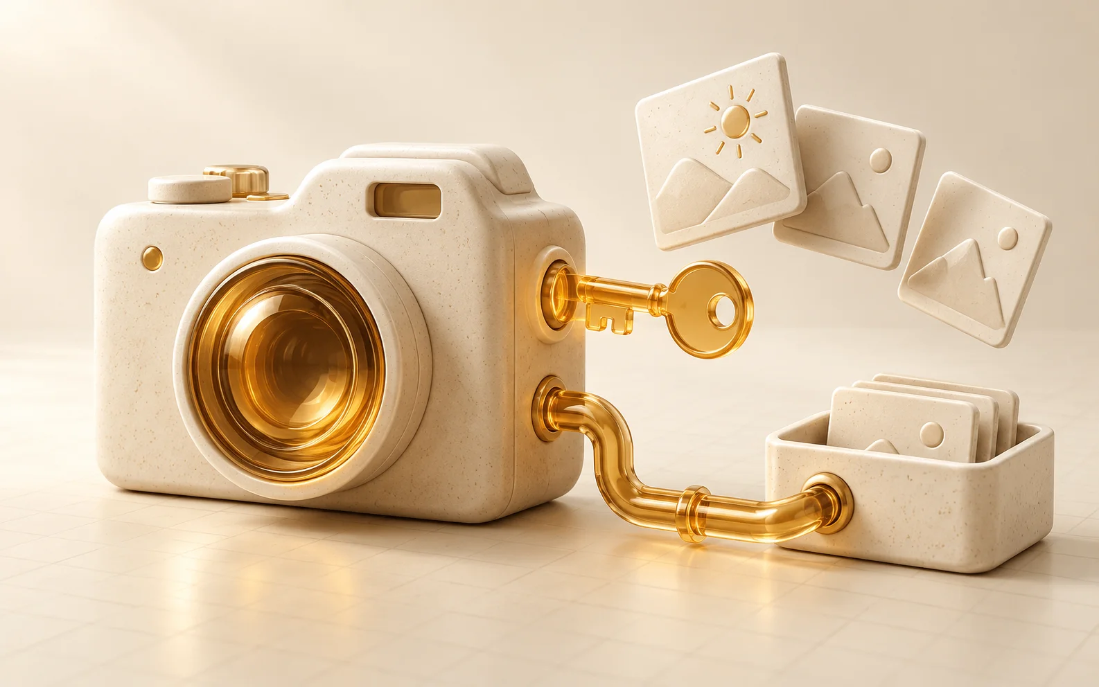 An ivory camera and photo cards connect through amber glass to a data tray.