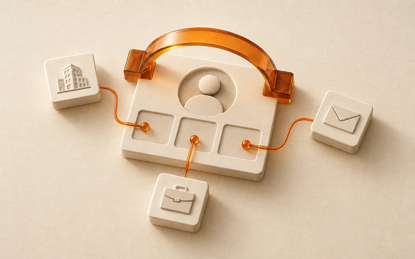 A profile card connected to company, email, and job information through an amber glass bridge.