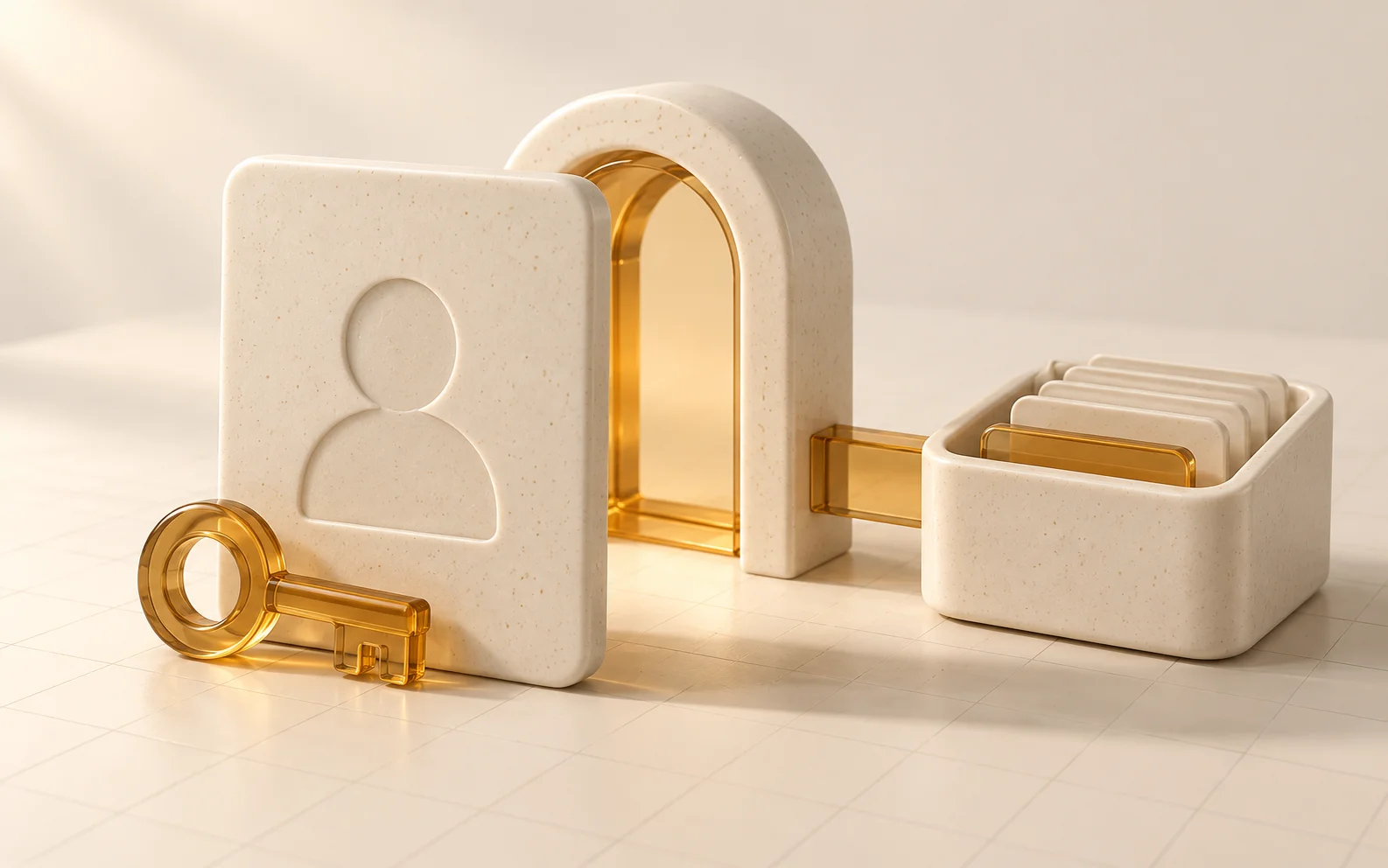 An ivory profile card and amber key sit beside a rounded gateway and data tray.