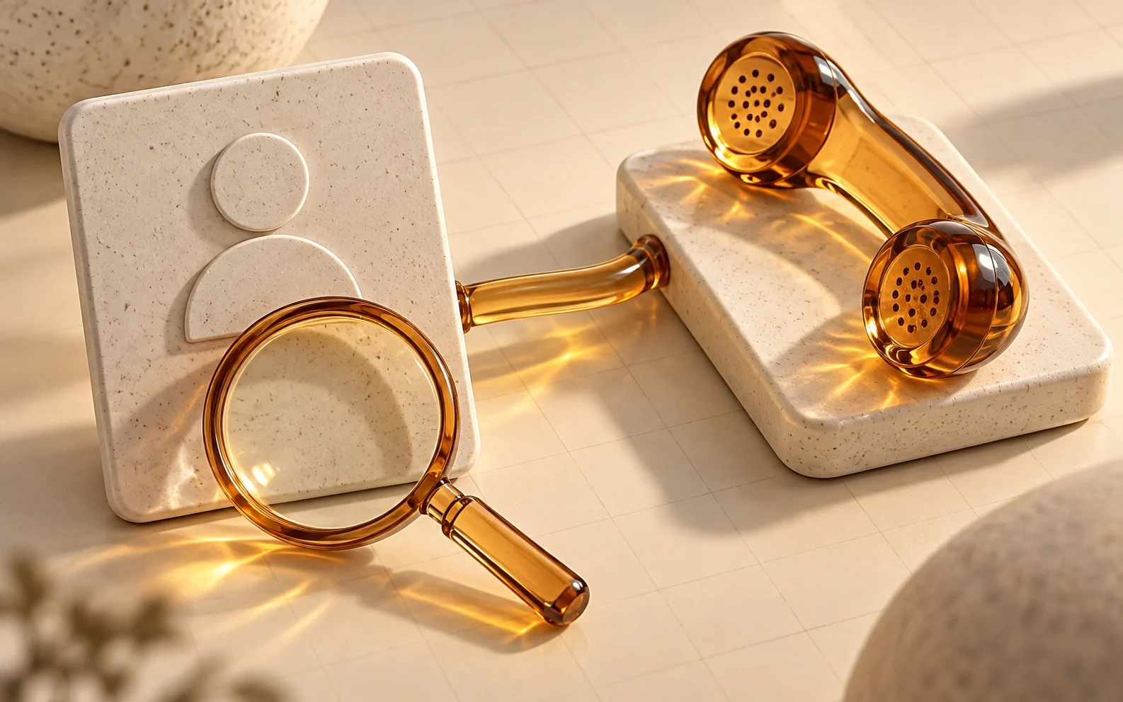 An ivory profile card and amber telephone receiver are joined by a glass tube.