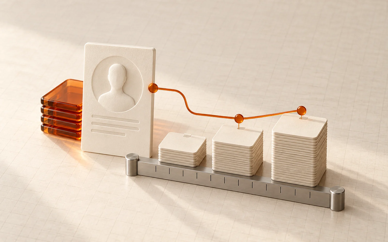 A profile card and amber record tiles beside three measured stacks representing batch budgets.