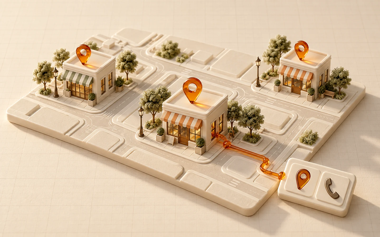 Three ceramic storefronts on a neighborhood map carry amber location pins, with one linked to a business record tile.