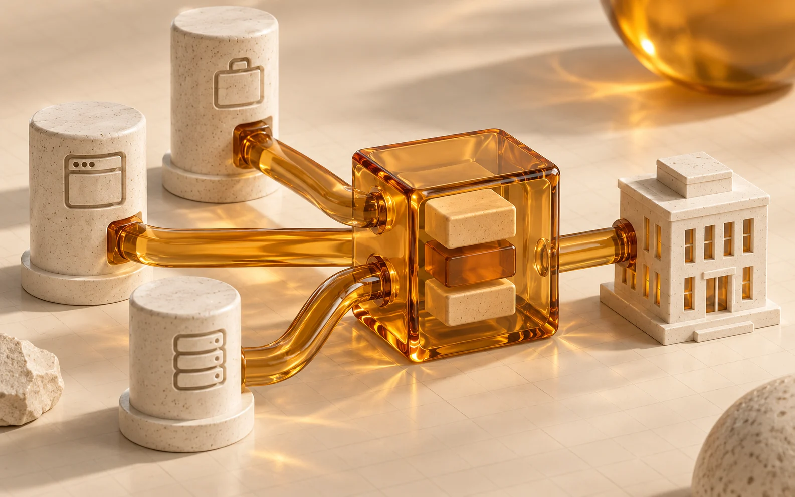 Three ivory data-source towers connect to an amber block stack and company building.