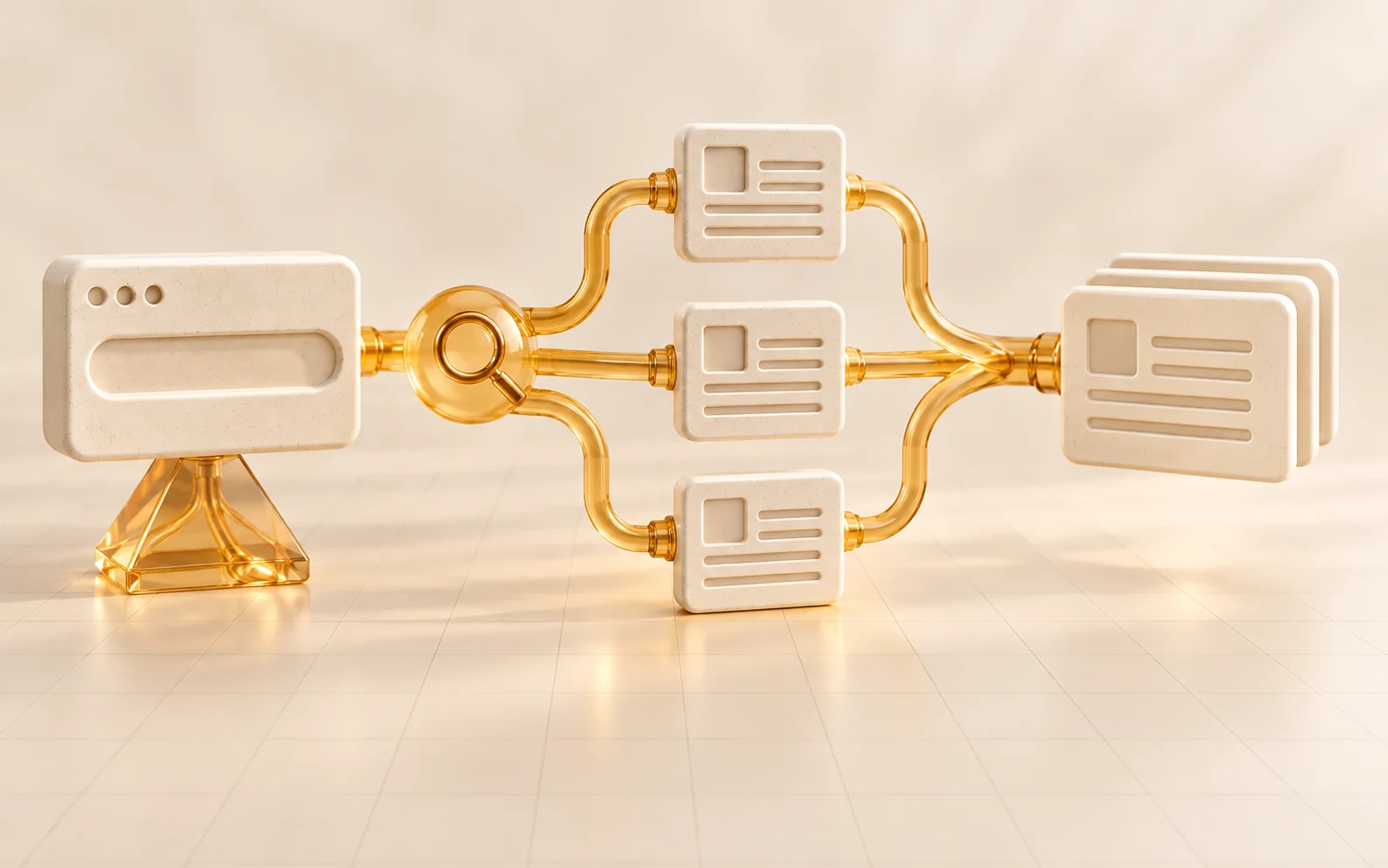 An ivory terminal connects through an amber glass magnifying lens to blank web-document tiles.