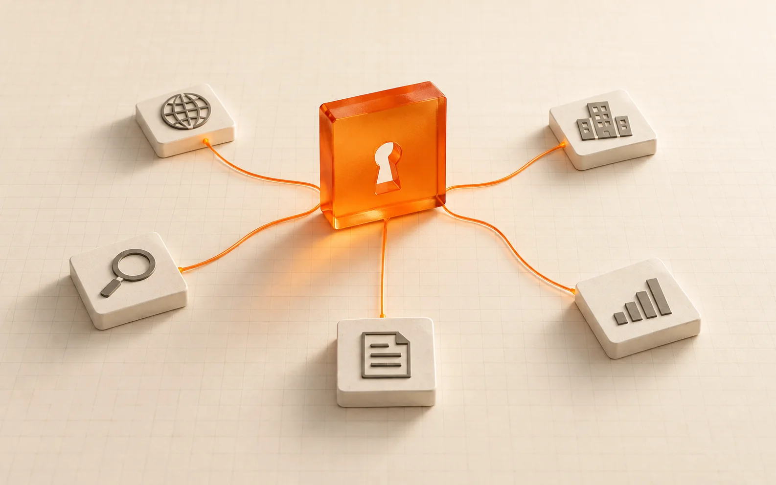 An orange glass portal connects to five tiles representing web, company, search, document, and chart data.