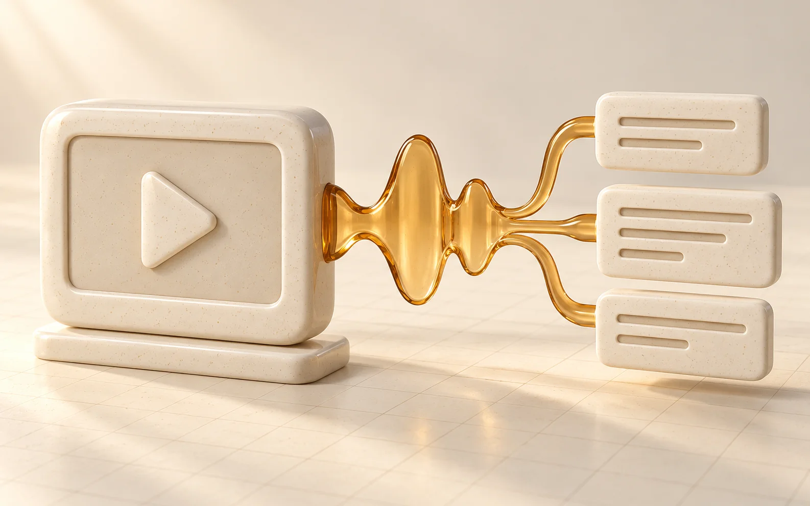 A ceramic video screen connects an amber waveform to a row of caption tiles.